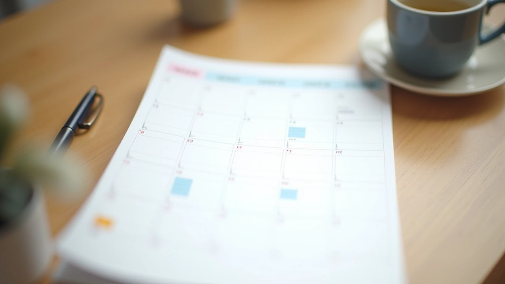 Kalender mit markierten Tagen und Checkmarks, Stift liegt daneben, Kaffeepause am Schreibtisch