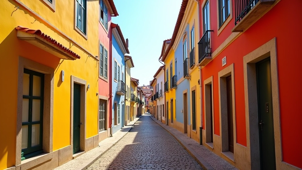 Farbenfrohe Häuser in einer portugiesischen Hafenstadt mit engen Gassen