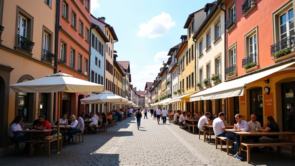 Bunte Häuser und Cafés in der Trierer Altstadt mit Touristen und lokalem Leben