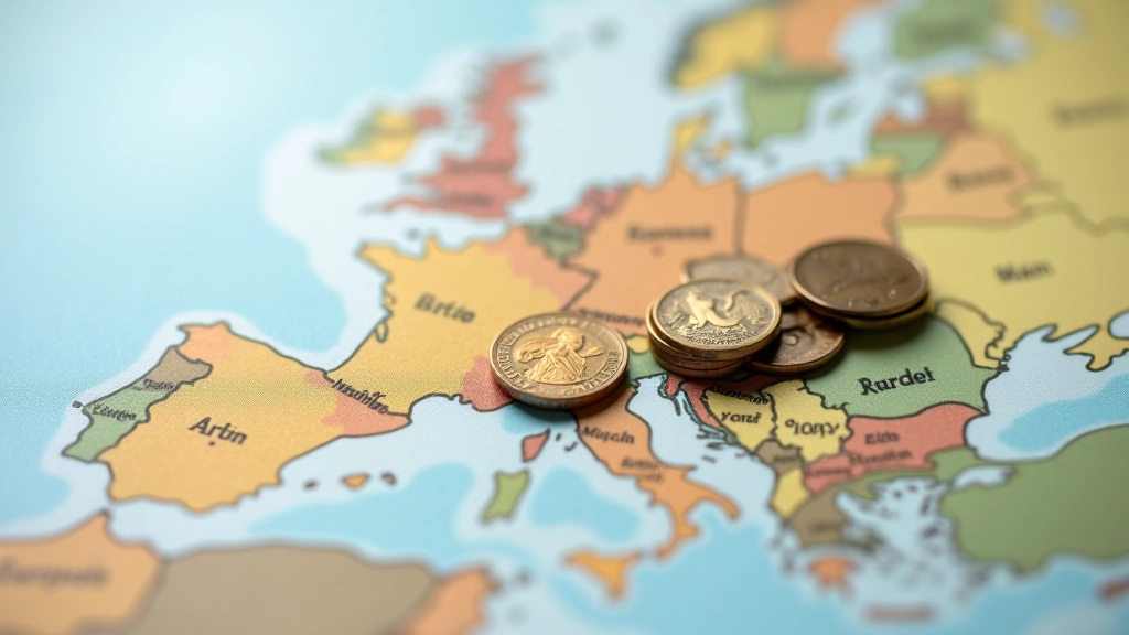 Europäische Währungen und Münzen auf einer Reisekarte