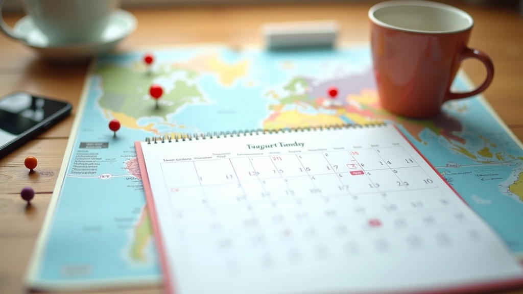 Kalender und Reisekarte auf Tisch mit Reisezielen markiert