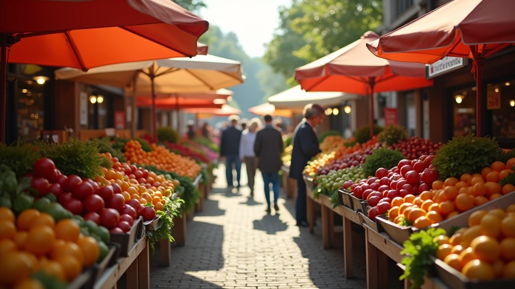 Wochenmarkt mit Ständen, frischem Obst, Gemüse und lokalen Produkten, bunte Marktsäcke