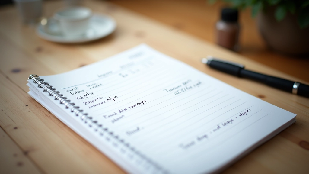 Notizbuch mit handschriftlichen Ausgaben und Übersicht, auf Holztisch mit Stift