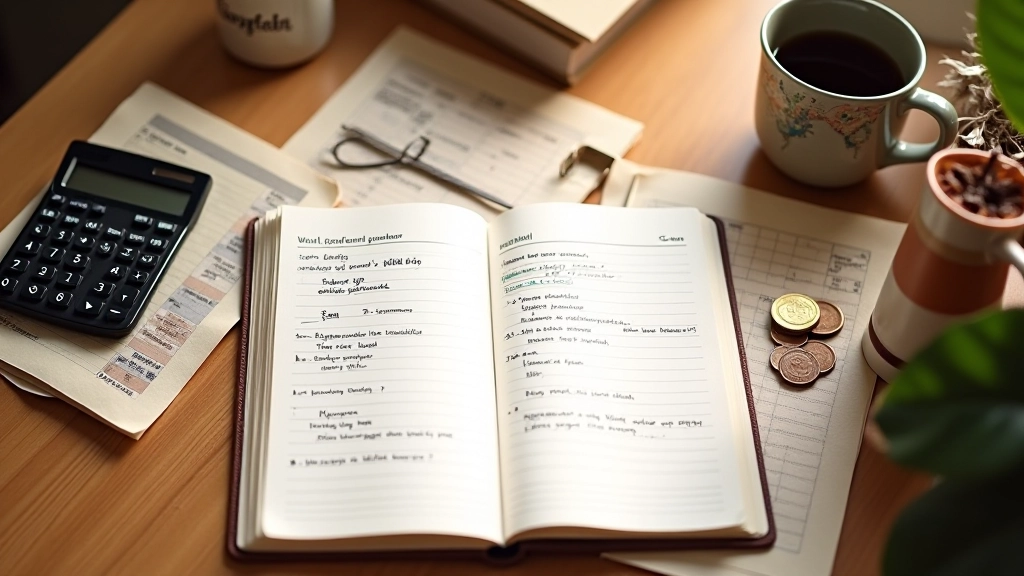 Reisebudget-Planung mit Notizbuch und Taschenrechner auf einem Holztisch mit Kaffee