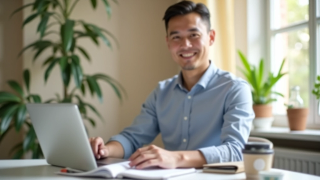 Person sitzt mit Laptop und Kaffee und plant Reisebudget mit Notizen