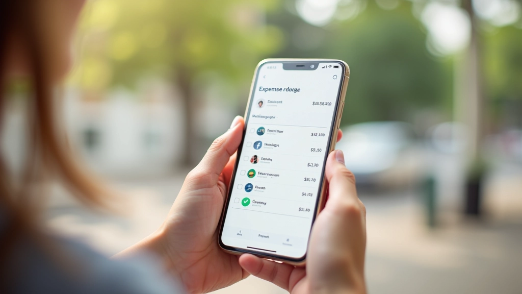 Handy-Display mit Budgetierungsapp, zeigt Kategorien und Ausgabentracking, helles Tageslicht