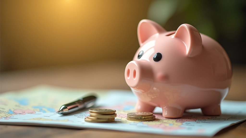 Sparschwein mit Euro-Münzen und Reiseplanung im Hintergrund
