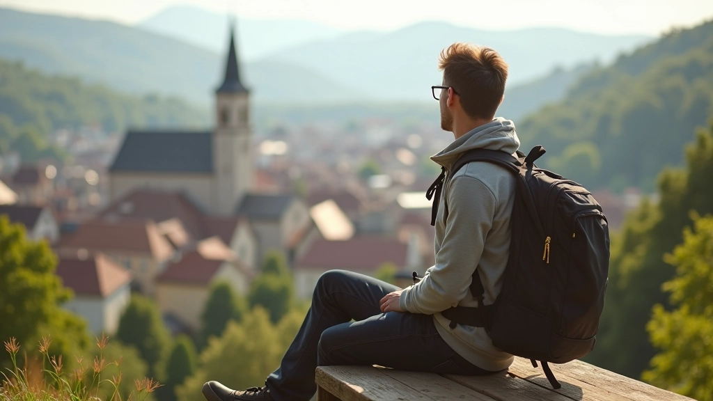 Reisender mit Rucksack sitzt auf einer Bank mit Blick auf eine europäische Stadt
