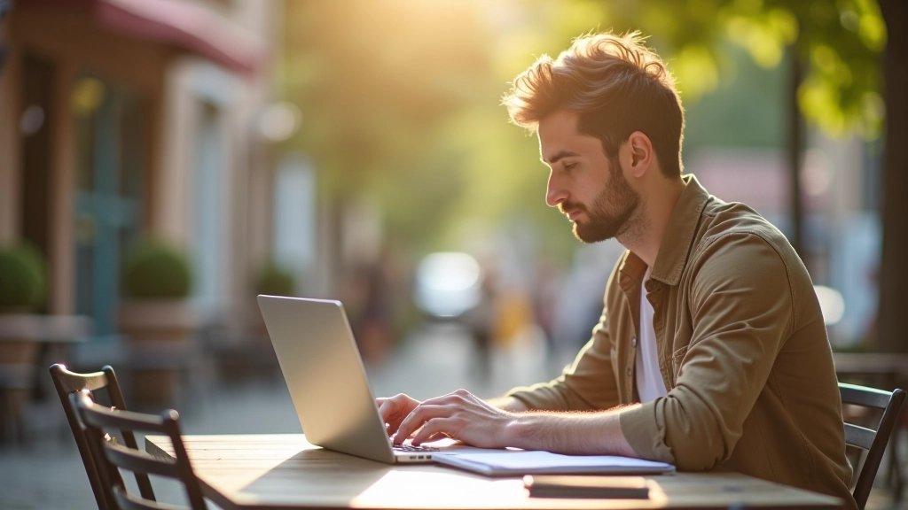 Reisender plant Budget mit Laptop und Notizbuch an einem Café-Tisch