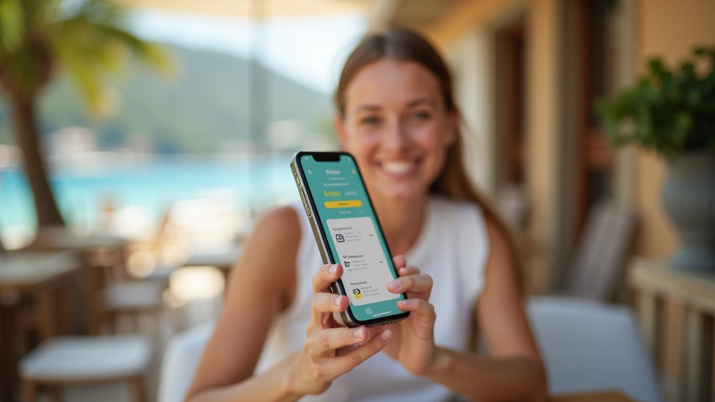 Person nutzt Smartphone-App zur Budgetverfolgung während einer Reise